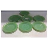 7 Fire King jadeite saucers - 5 are Jane Ray