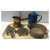 Metal ware- enamel coffee pot, 2 cast iron trivets