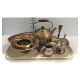 Metalware- Brass tea kettle, candlestick holder, &