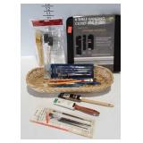 Assorted brushes, basket, 6 shelf hanging closet