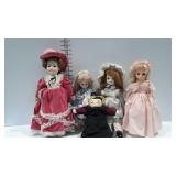5 Dolls with 4 doll stands - 3 porcelain, 1