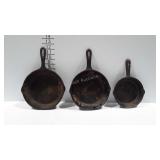 3 Cast iron skillets - Two #5 with heat rings, and