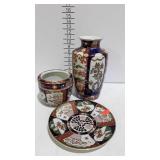 Gold Imari hand painted vase, misc planter & plate