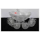 Early American Pattern Glass punch bowl & 6 cups