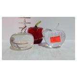 3 Glass apple paperweights
