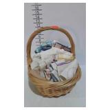 Vintage linens in basket, dish towels,