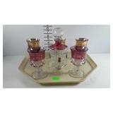 Cranberry flashed decanter with 5 multi-colored