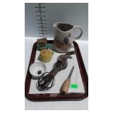Misc - Egg beater, oyster knife, pottery pitcher,