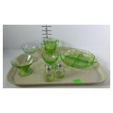 Green Depression - divided 7" relish dish, shakers