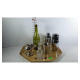 Misc- cocktail shakers, pewter cup, small decanter