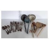 Silver plate flatware, wood spoons, enamel ladles,