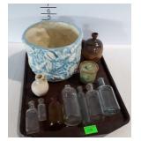 Medicine bottles, pottery planter, bud vase, mini