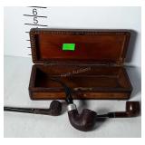 Wooden dresser box with hinged lid, and 3 tobacco