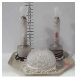 Spotted frosted glass shade with fringe, and pair