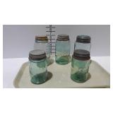 5 Blue glass canning jars - 1 Atlas Improved Mason