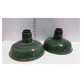 2 Green & white enamel 14" industrial light shades