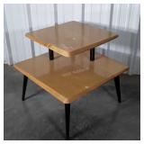 End table, corner Style with riser shelf, finish