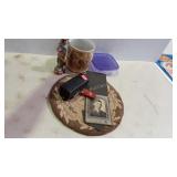 Misc - hooked chair pad, photo, ceramic planter,