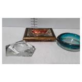 3 Glass ashtrays, 1 art glass, 1 with wooden base,