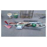 Group lot, includes long handled tools, plow