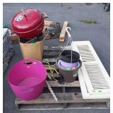 Skid lot, includes shutters, planters, pink tub,