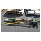 Group lot of long handled tools, rakes, mops,