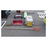 Apple picker, small pet carrier, and goat feeder
