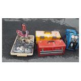 Group lot includes two tool boxes, tile saw, and