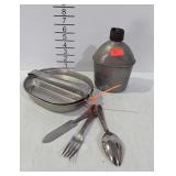 Canteen, and mess kit with flatware, marked US and