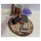 Misc - hooked chair pad, photo, ceramic planter,
