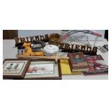 Group - prints, wire corner shelf, books, wood