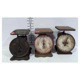 3 Vintage kitchen scales, rusty & crusty