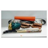 Sporting goods. Baseball bats and gloves, bike