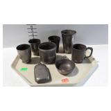 Pewter group, mug, tumblers, flask and dish