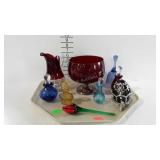 Glass group, rose, bell, ornate egg music box,