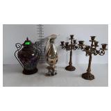 Decor lot, ornate brass candlesticks, silverplate