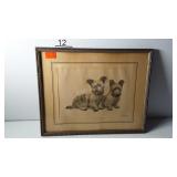 Early dog print, framed and matted, 15 x 12