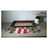 Group: money jar, candle stick holders, picture