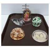 5 Paperweights, 1 figural, 3 poly