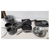 Cookware lot, pots and pans, griddle, Wilton cake