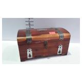 Cedar dresser box with metal strap design