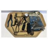 Tray of various tools- pliers, balancer puller,