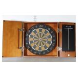 Dart Board in wall mount maple cabinet, seller