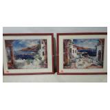 Pair of framed and matted colorful harbor scene
