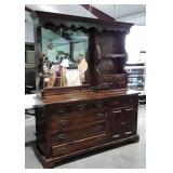Pine multiple drawer dresser with mirror hutch
