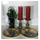 Home decor- two brass candle stands with candles,