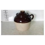 Brown over white stoneware pottery bean pot