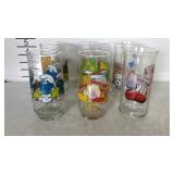 Six drinking glasses, Smurfs, Charlie Brown, and