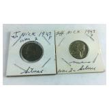 two 1943 Large P War Nickels 35% Silver
