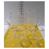 Two Etched Glass Beverage Pitchers and four Stem